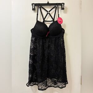 Spree Intimates Black Babydoll With Pink Ribbon Lingerie Women's Size Large New
